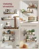A collage of images showing VASAGLE wall shelves in different room settings, including a bedroom, kitchen, and bathroom, with various items displayed on them. Produktbild-Vorschau