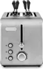 A front view of a stainless steel De'Longhi toaster with the levers extended. Podgląd zdjęcia produktu