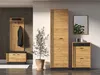 A hallway furniture set with a tall cabinet, a shoe cabinet with drawers, and a wall-mounted coat rack with a bench. A potted plant and a mirror are also visible. Produktbild-Vorschau
