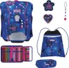 A collage of a school backpack and related accessories, all with a starry night theme. Produktbild-Vorschau