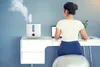 A woman is working on a laptop at a desk with a humidifier in the background. Produktbild-Vorschau