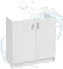 A white bathroom vanity cabinet with two doors and silver handles, with water splashes around it. Voir les images du produit
