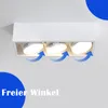 A white recessed ceiling light fixture with three adjustable spotlights, shown against a light gray background. Blue arrows indicate adjustable angles. Produktbild-Vorschau