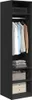 A tall, narrow black wardrobe with clothes hanging inside and shelves below. Produktbild-Vorschau