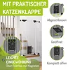 A white pet gate installed on a staircase, with inset images demonstrating the features of the cat flap. Produktbild-Vorschau
