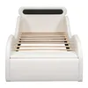 A white children's bed with a slatted base and a black accent on the headboard. Produktbild-Vorschau