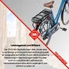 A blue e-bike with a battery pack on the rear rack, with a blurred background of a European street. Produktbild-Vorschau