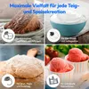 A collage of four images showcasing different food preparations and accessories for a kitchen machine. Produktbild-Vorschau