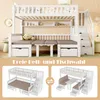 A collage showing a white bunk bed with storage and a convertible desk/seating area, along with different configurations of the bed. Voir les images du produit
