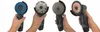 Four different angle grinders with various attachments are held by hands against a white background. Produktbild-Vorschau