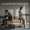 A split image showing two people working at desks, one sitting on a chair and the other on a stool, with text overlays. Produktbild-Vorschau