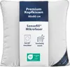 A white pillow with a dark blue label in the center. Produktbild-Vorschau