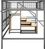 A metal loft bed with wooden shelves and stairs against a white background. Produktbild-Vorschau