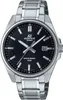 A close-up studio shot of a silver and black Casio Edifice watch. Voir les images du produit