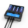 A battery charger with four lithium-ion batteries inserted, connected to power cables. Voir les images du produit