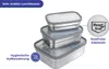 A stack of three stainless steel lunchboxes with clear lids, shown on a white background with marketing text and logos. Produktbild-Vorschau
