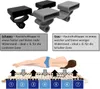 The image shows different types of caps for bed slats, a diagram of a person lying on a bed with arrows indicating support zones, and text explaining the differences between black and gray caps. Produktbild-Vorschau