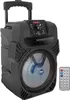 A black portable speaker with a handle and wheels, shown with a remote control. Produktbild-Vorschau