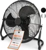A black floor fan is shown against a white background. A tag is attached to the fan with product information. Náhľad obrázku produktu