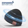 A dark gray beanie with a brown leather patch, featuring glowing blue lines and text indicating expanded battery life. Anteprima dell’immagine prodotto