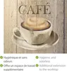 A stylized image of a coffee cup on a wooden background with text describing features. Produktbild-Vorschau