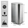 A silver stainless steel trash can with dimensions indicated. Produktbild-Vorschau