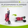 A shopping trolley shown in both its upright and folded states, with text highlighting its features. Podgląd zdjęcia produktu