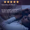 A person sleeping in bed with customer reviews overlaid on the image. Produktbild-Vorschau
