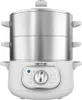 A white electric steamer with three stainless steel tiers. Produktbild-Vorschau
