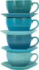 A stack of four blue and teal ceramic cups and saucers. Náhľad obrázku produktu