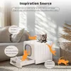 A cat litter box with a kitten sitting on top, surrounded by illustrative cats and text explaining its features. Podgląd zdjęcia produktu