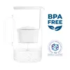 A clear, professional studio shot of a glass water filter pitcher with a white filter cartridge and water inside. It is placed on a white background with marketing logos and text on the right side. Produktbild-Vorschau