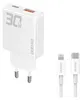 A white 30W GaN charger with two ports and a white USB-C to iPhone cable are displayed against a white background. Podgląd zdjęcia produktu