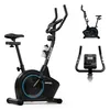 A black stationary exercise bike with blue accents, shown from multiple angles against a white background. Produktbild-Vorschau