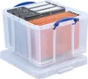 A transparent storage box filled with files and binders, sitting on its lid. Voir les images du produit