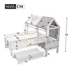 A diagram showing the dimensions of a white wooden children's bed with a tent-like roof and a pull-out drawer. Produktbild-Vorschau