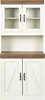 A white buffet cabinet with glass doors on top and wooden doors on the bottom, set against a white background. Náhľad obrázku produktu