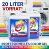 Two large bottles of blue liquid detergent are shown in front of a washing machine and stacks of colorful towels. Produktbild-Vorschau