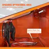 Interior of an orange sandblasting cabinet, showing gloves, a tray, and a spray gun. Voir les images du produit