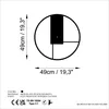 A diagram of a wall clock with dimensions and material information. Podgląd zdjęcia produktu