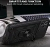 A black smartphone case with a ring stand is shown on a wooden surface, with headphones and a laptop in the background. Produktbild-Vorschau
