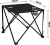 A black foldable camping table with dimensions indicated. Produktbild-Vorschau