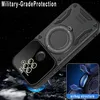A black phone case with a ring holder and camera lens protection is shown in a dark, starry background, with a close-up inset showing the airbag structure. Produktbild-Vorschau