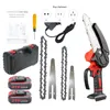 A collection of items for a mini chainsaw kit, including the chainsaw, batteries, chains, guide bars, a screwdriver, a charger, and a carrying case, laid out on a white background. Podgląd zdjęcia produktu