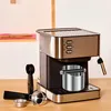 An espresso machine and its accessories are displayed on a wooden table. Produktbild-Vorschau