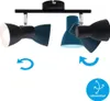 A black metal ceiling light fixture with two adjustable spotlights, one black and one blue. Arrows indicate the adjustability of the spotlights. Produktbild-Vorschau