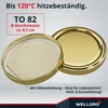 Two gold-colored jar lids are shown against a light gray background. One lid is slightly tilted, revealing its inner white silicone seal. Text overlays provide product details and branding. Produktbild-Vorschau