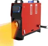 A red diesel heater with a digital display and an orange glow emanating from the exhaust. Produktbild-Vorschau