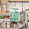 A collection of stainless steel cookware, including pots, pans, and a steamer, arranged on a kitchen counter with fresh vegetables in the background. A promotional text overlay is present. Produktbild-Vorschau