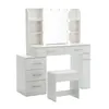 A white vanity table with a mirror and LED lights, drawers, shelves, and a stool, all on a white background. Produktbild-Vorschau